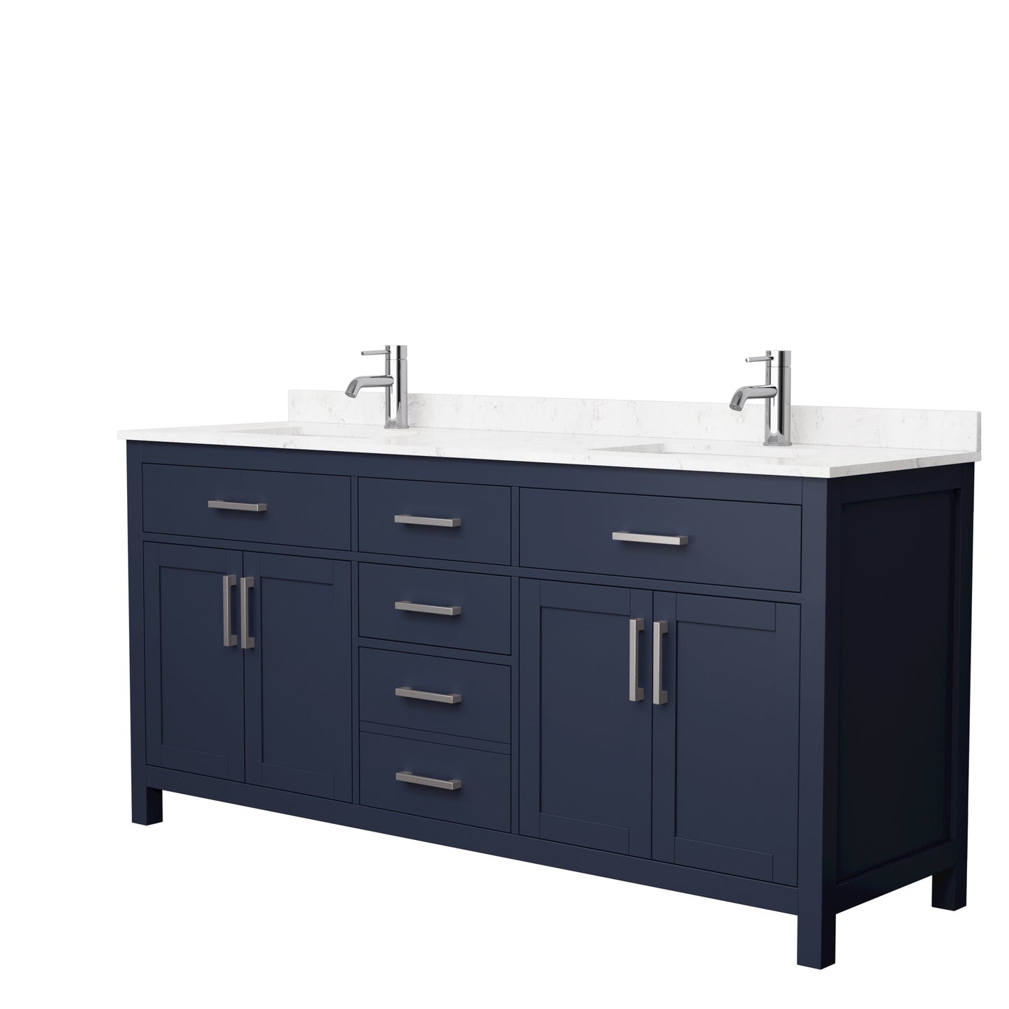 Wyndham Collection Beckett 72" Double Bathroom Dark Blue Vanity With White Carrara Cultured Marble Countertop, Undermount Square Sink And Brushed Nickel Trim