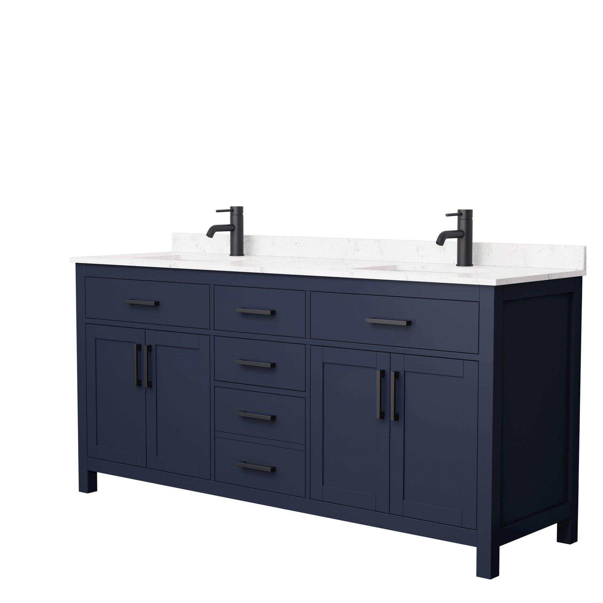 Wyndham Collection Beckett 72" Double Bathroom Dark Blue Vanity With White Carrara Cultured Marble Countertop, Undermount Square Sink And Matte Black Trim