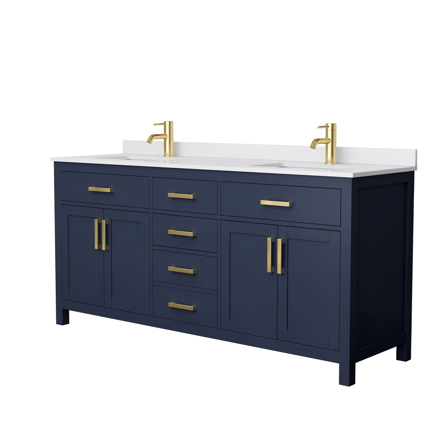 Wyndham Collection Beckett 72" Double Bathroom Dark Blue Vanity With White Cultured Marble Countertop, Undermount Square Sink And Brushed Gold Trim