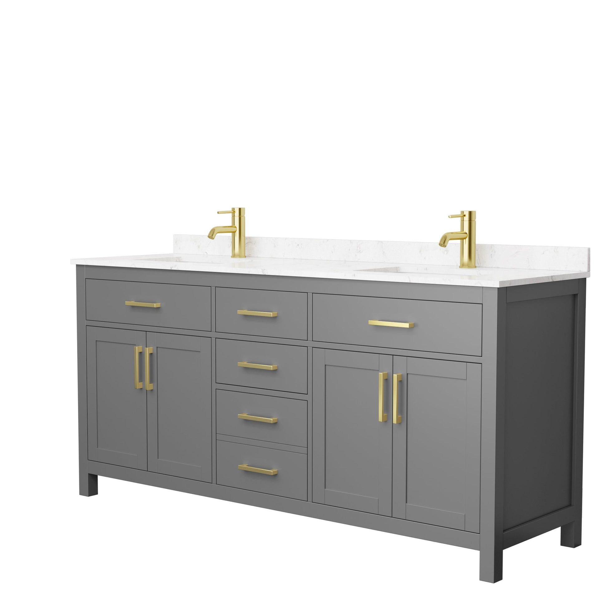 Wyndham Collection Beckett 72" Double Bathroom Dark Gray Vanity With White Carrara Cultured Marble Countertop, Undermount Square Sink And Brushed Gold Trim