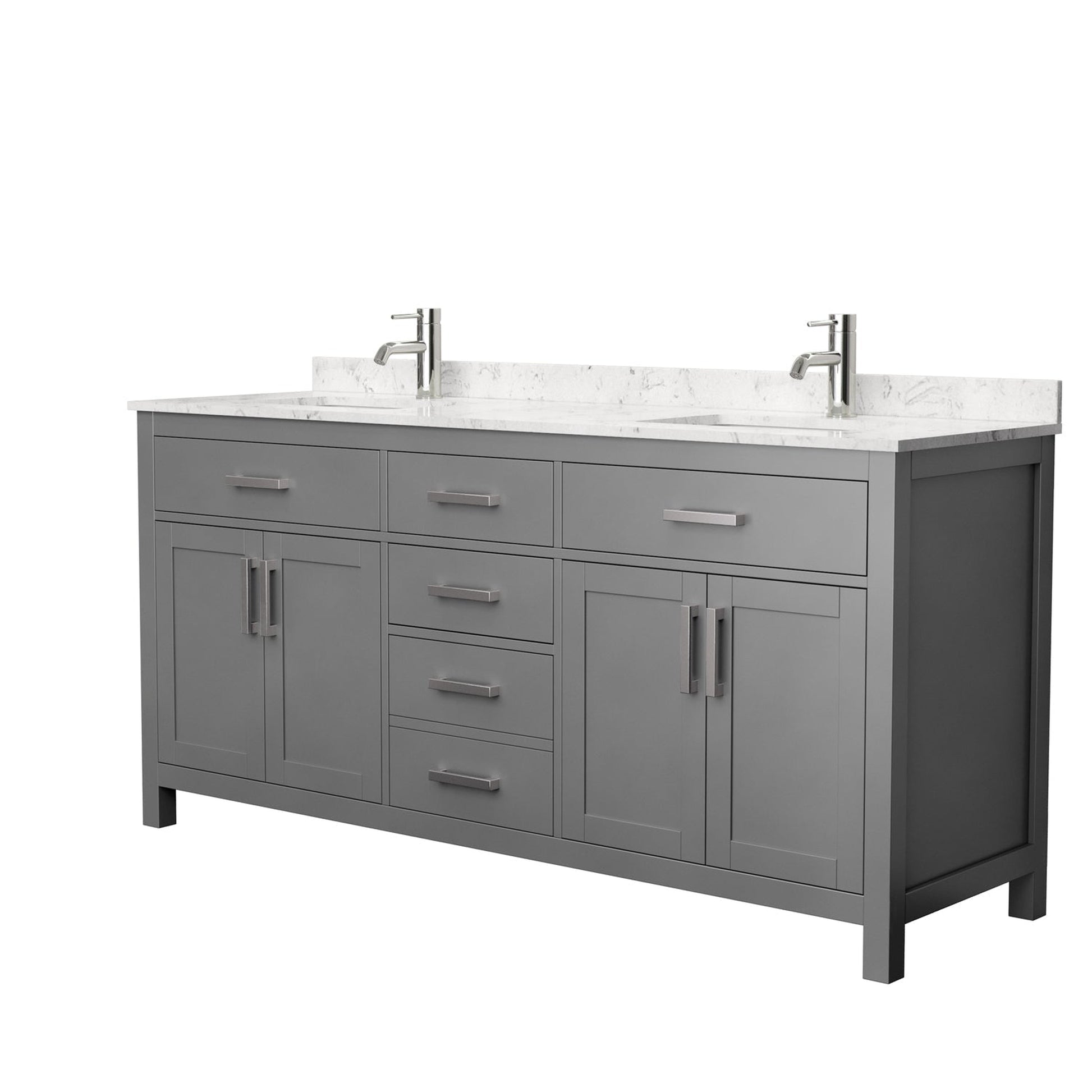Wyndham Collection Beckett 72" Double Bathroom Dark Gray Vanity With White Carrara Cultured Marble Countertop, Undermount Square Sink And Brushed Nickel Trim