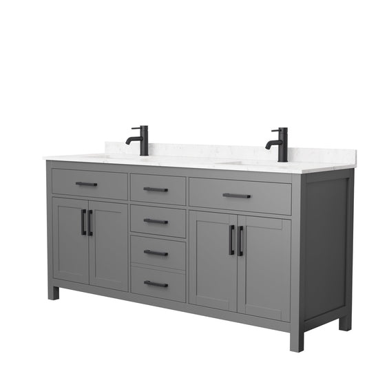 Wyndham Collection Beckett 72" Double Bathroom Dark Gray Vanity With White Carrara Cultured Marble Countertop, Undermount Square Sink And Matte Black Trim