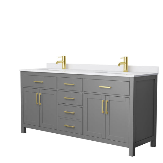 Wyndham Collection Beckett 72" Double Bathroom Dark Gray Vanity With White Cultured Marble Countertop, Undermount Square Sink And Brushed Gold Trim