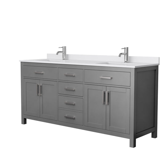 Wyndham Collection Beckett 72" Double Bathroom Dark Gray Vanity With White Cultured Marble Countertop, Undermount Square Sink And Brushed Nickel Trim