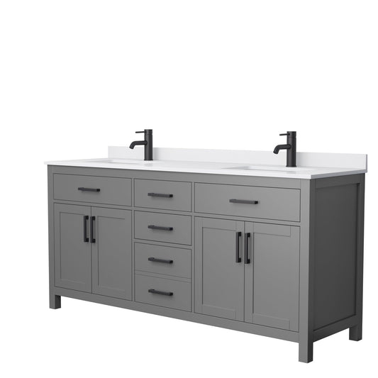 Wyndham Collection Beckett 72" Double Bathroom Dark Gray Vanity With White Cultured Marble Countertop, Undermount Square Sink And Matte Black Trim