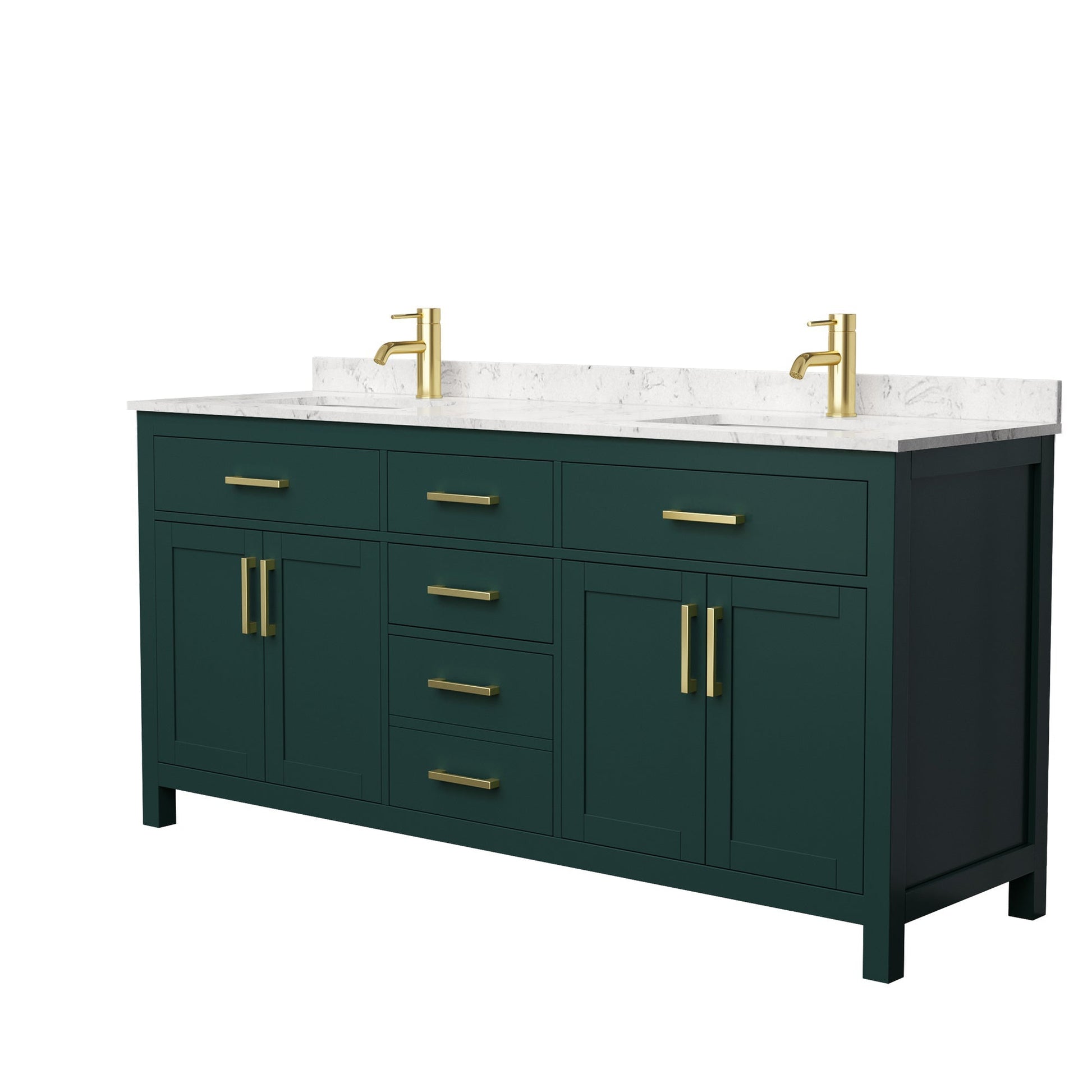 Wyndham Collection Beckett 72" Double Bathroom Green Vanity With White Carrara Cultured Marble Countertop, Undermount Square Sink And Brushed Gold Trim