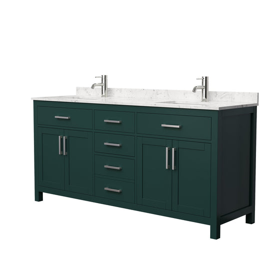 Wyndham Collection Beckett 72" Double Bathroom Green Vanity With White Carrara Cultured Marble Countertop, Undermount Square Sink And Brushed NIckel Trim