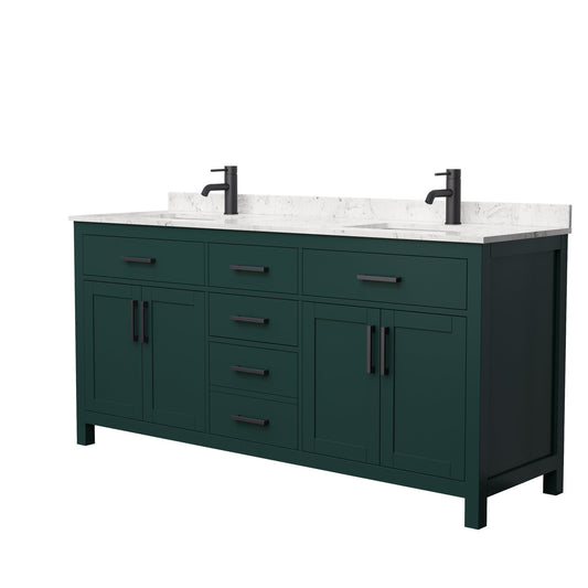 Wyndham Collection Beckett 72" Double Bathroom Green Vanity With White Carrara Cultured Marble Countertop, Undermount Square Sink And Matte Black Trim