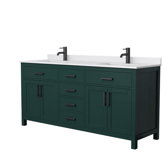 Wyndham Collection Beckett 72" Double Bathroom Green Vanity With White Cultured Marble Countertop, Undermount Square Sink And Matte Black Trim