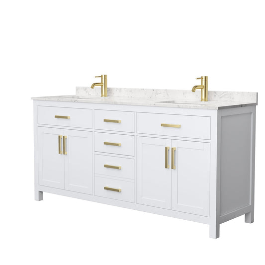 Wyndham Collection Beckett 72" Double Bathroom White Vanity With White Carrara Cultured Marble Countertop, Undermount Square Sink And Brushed Gold Trim
