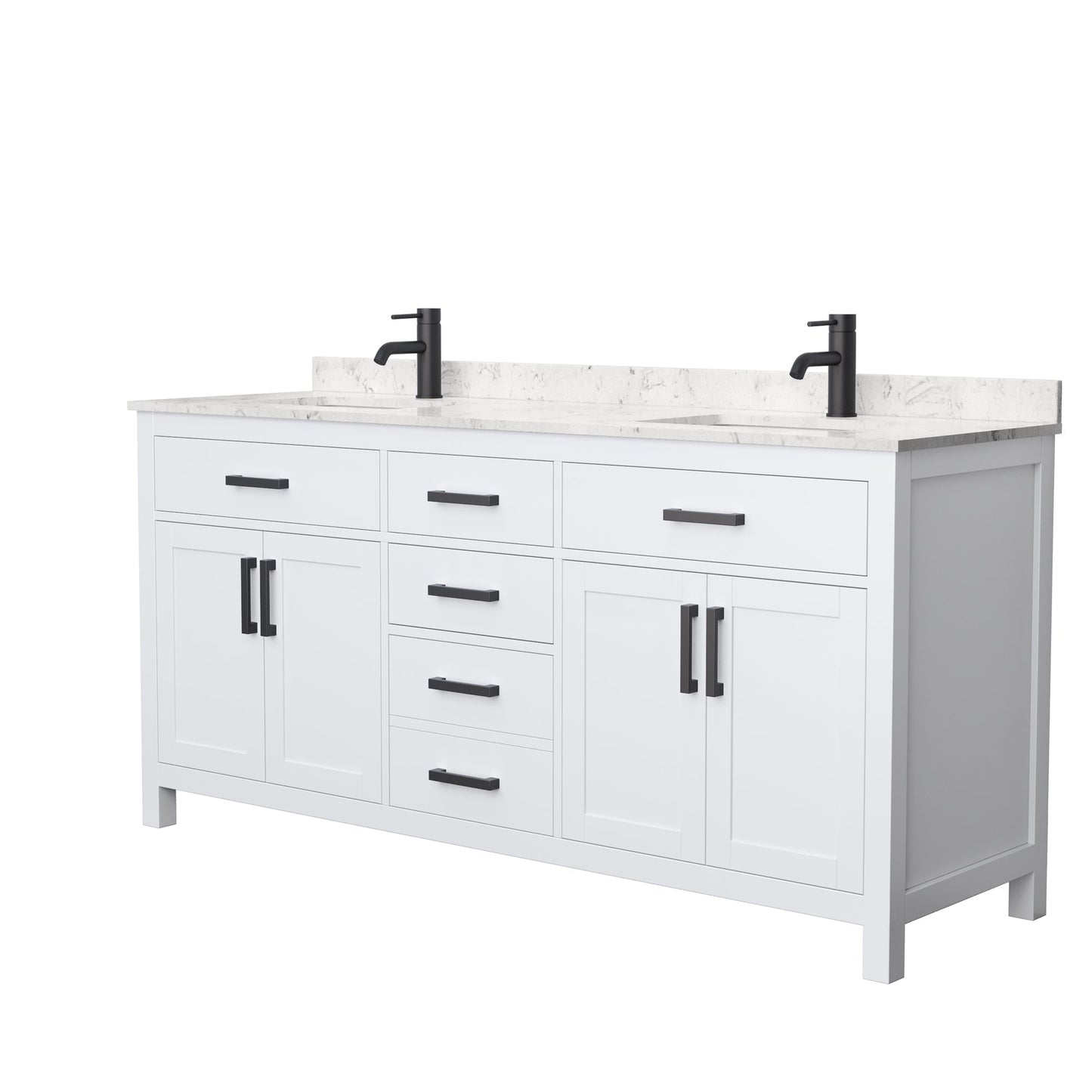 Wyndham Collection Beckett 72" Double Bathroom White Vanity With White Carrara Cultured Marble Countertop, Undermount Square Sink And Matte Black Trim