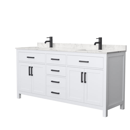 Wyndham Collection Beckett 72" Double Bathroom White Vanity With White Carrara Cultured Marble Countertop, Undermount Square Sink And Matte Black Trim