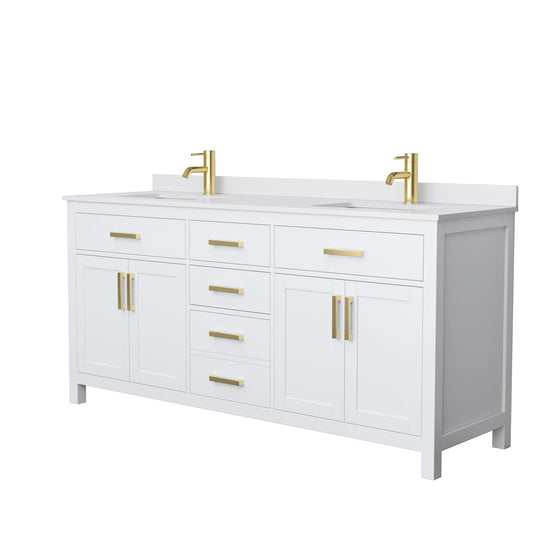 Wyndham Collection Beckett 72" Double Bathroom White Vanity With White Cultured Marble Countertop, Undermount Square Sink And Brushed Gold Trim