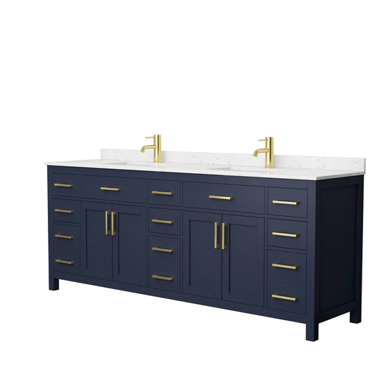 Wyndham Collection Beckett 84" Double Bathroom Dark Blue Vanity With White Carrara Cultured Marble Countertop, Undermount Square Sink And Brushed Gold Trim