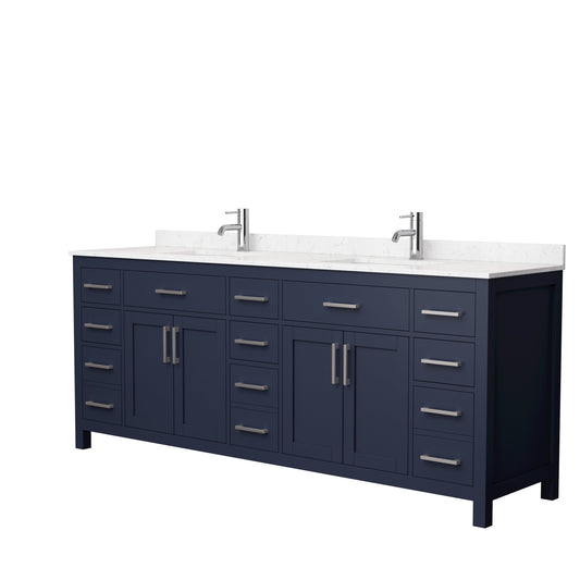 Wyndham Collection Beckett 84" Double Bathroom Dark Blue Vanity With White Carrara Cultured Marble Countertop, Undermount Square Sink And Brushed Nickel Trim