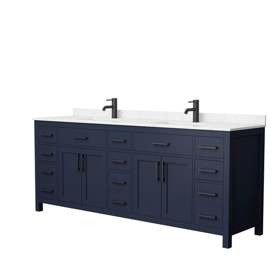 Wyndham Collection Beckett 84" Double Bathroom Dark Blue Vanity With White Carrara Cultured Marble Countertop, Undermount Square Sink And Matte Black Trim