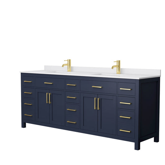 Wyndham Collection Beckett 84" Double Bathroom Dark Blue Vanity With White Cultured Marble Countertop, Undermount Square Sink And Brushed Gold Trim