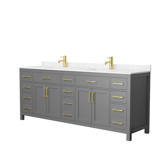 Wyndham Collection Beckett 84" Double Bathroom Dark Gray Vanity With White Carrara Cultured Marble Countertop, Undermount Square Sink And Brushed Gold Trim