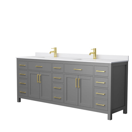 Wyndham Collection Beckett 84" Double Bathroom Dark Gray Vanity With White Cultured Marble Countertop, Undermount Square Sink And Brushed Gold Trim