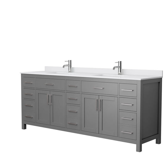 Wyndham Collection Beckett 84" Double Bathroom Dark Gray Vanity With White Cultured Marble Countertop, Undermount Square Sink And Brushed Nickel Trim