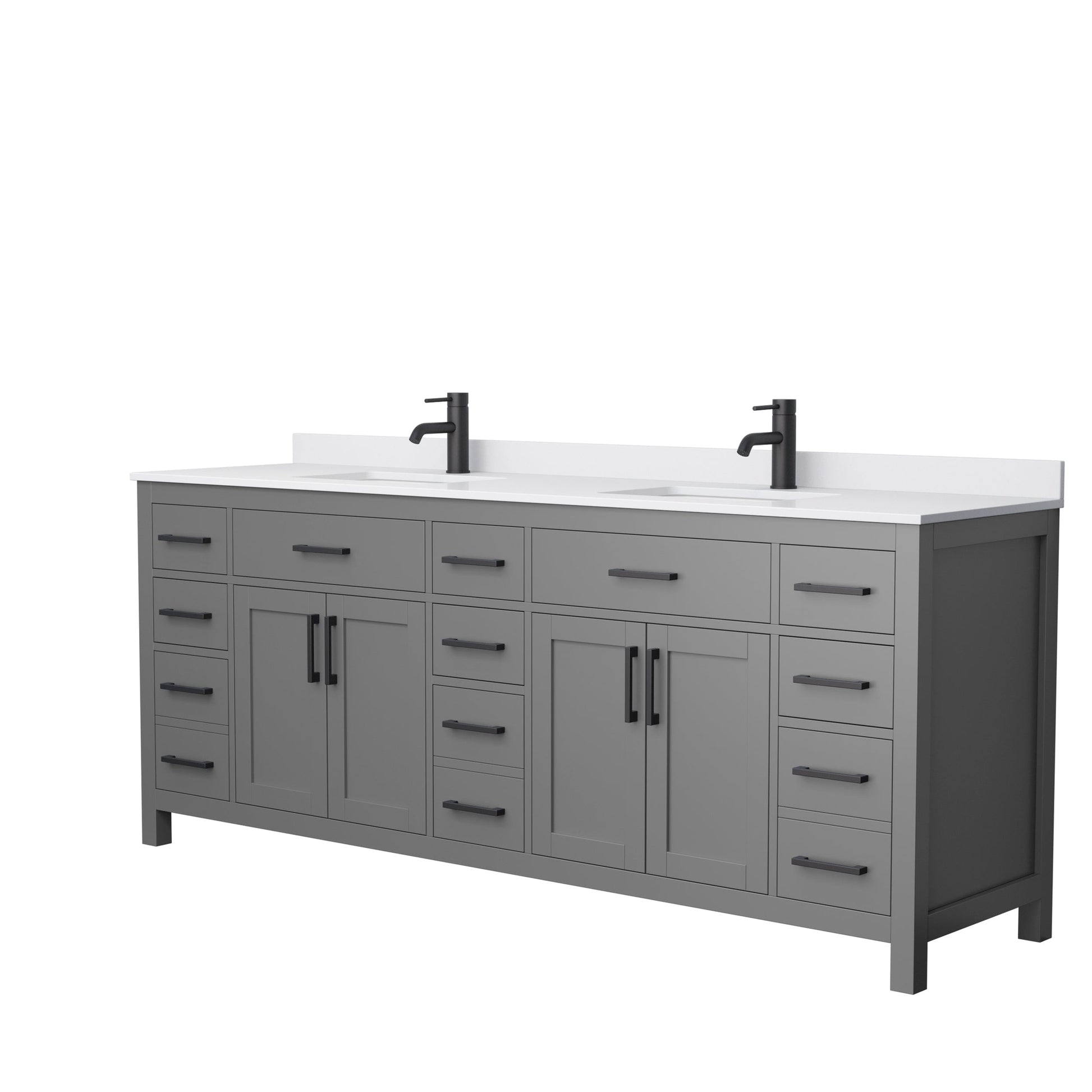 Wyndham Collection Beckett 84" Double Bathroom Dark Gray Vanity With White Cultured Marble Countertop, Undermount Square Sink And Matte Black Trim