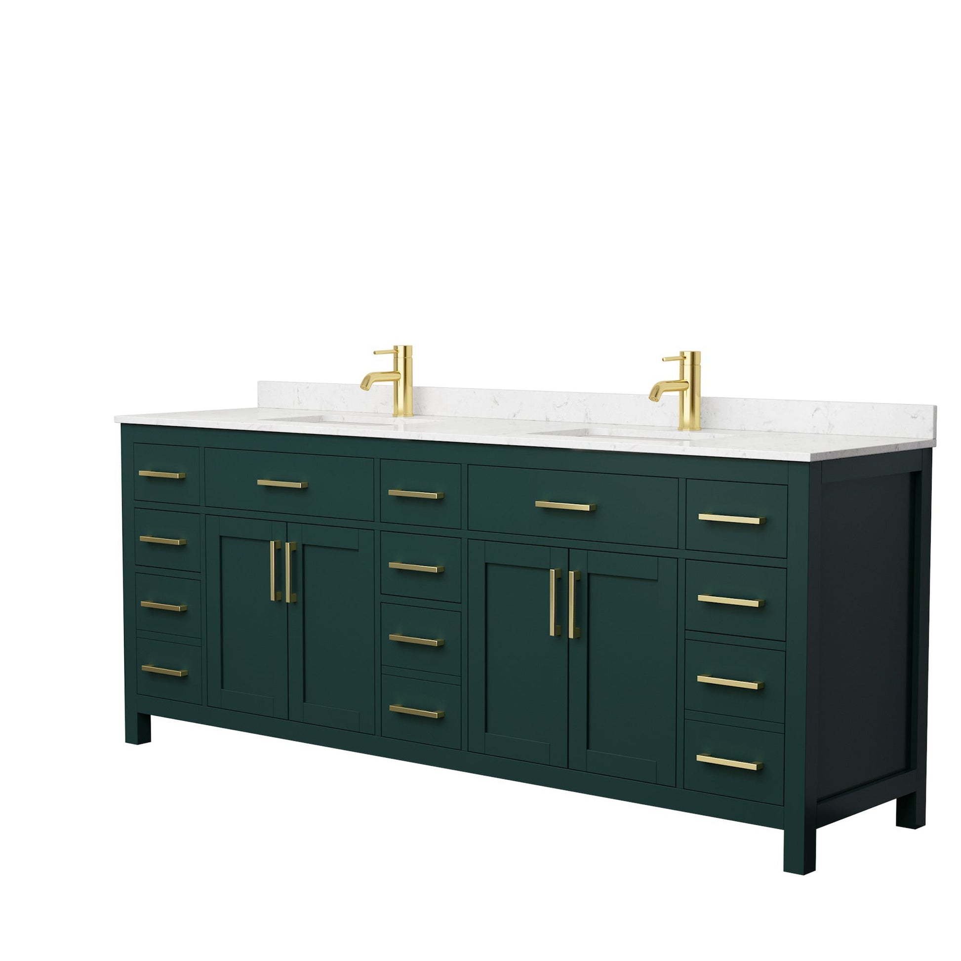 Wyndham Collection Beckett 84" Double Bathroom Green Vanity With White Carrara Cultured Marble Countertop, Undermount Square Sink And Brushed Gold Trim