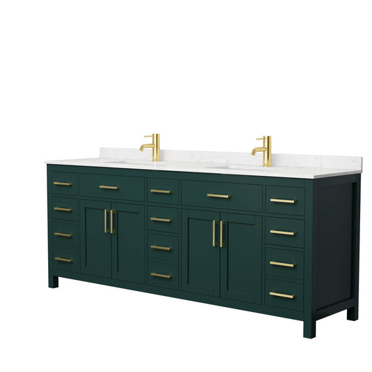 Wyndham Collection Beckett 84" Double Bathroom Green Vanity With White Carrara Cultured Marble Countertop, Undermount Square Sink And Brushed Gold Trim