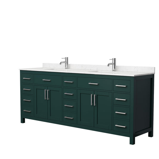 Wyndham Collection Beckett 84" Double Bathroom Green Vanity With White Carrara Cultured Marble Countertop, Undermount Square Sink And Brushed NIckel Trim