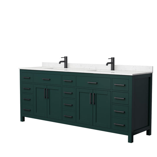 Wyndham Collection Beckett 84" Double Bathroom Green Vanity With White Carrara Cultured Marble Countertop, Undermount Square Sink And Matte Black Trim