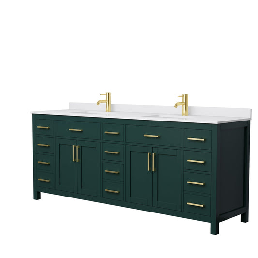 Wyndham Collection Beckett 84" Double Bathroom Green Vanity With White Cultured Marble Countertop, Undermount Square Sink And Brushed Gold Trim