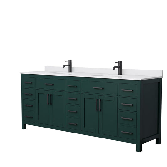 Wyndham Collection Beckett 84" Double Bathroom Green Vanity With White Cultured Marble Countertop, Undermount Square Sink And Matte Black Trim