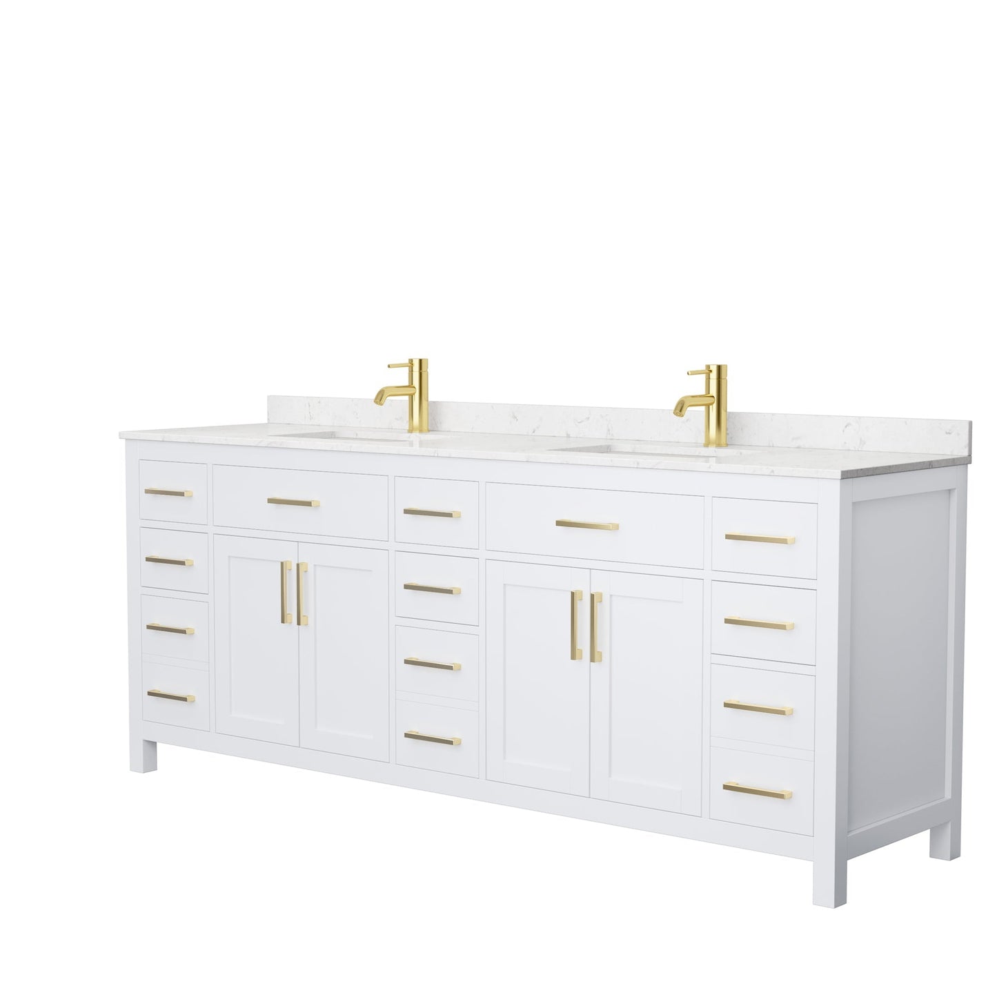 Wyndham Collection Beckett 84" Double Bathroom White Vanity With White Carrara Cultured Marble Countertop, Undermount Square Sink And Brushed Gold Trim