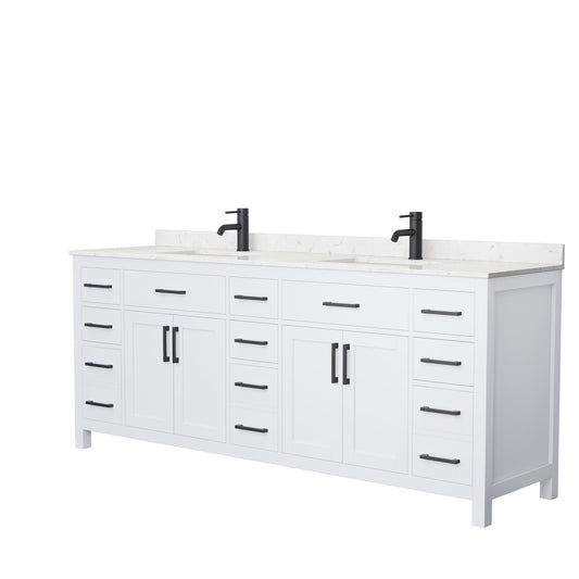 Wyndham Collection Beckett 84" Double Bathroom White Vanity With White Carrara Cultured Marble Countertop, Undermount Square Sink And Matte Black Trim