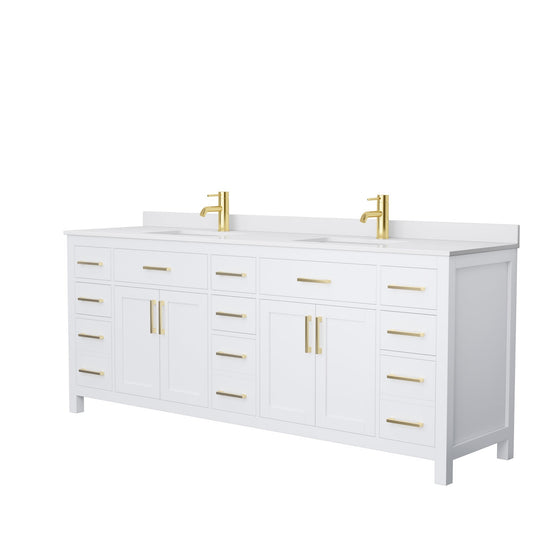 Wyndham Collection Beckett 84" Double Bathroom White Vanity With White Cultured Marble Countertop, Undermount Square Sink And Brushed Gold Trim