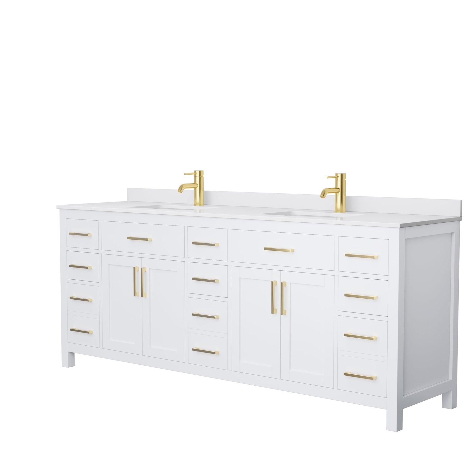 Wyndham Collection Beckett 84" Double Bathroom White Vanity With White Cultured Marble Countertop, Undermount Square Sink And Brushed Gold Trim