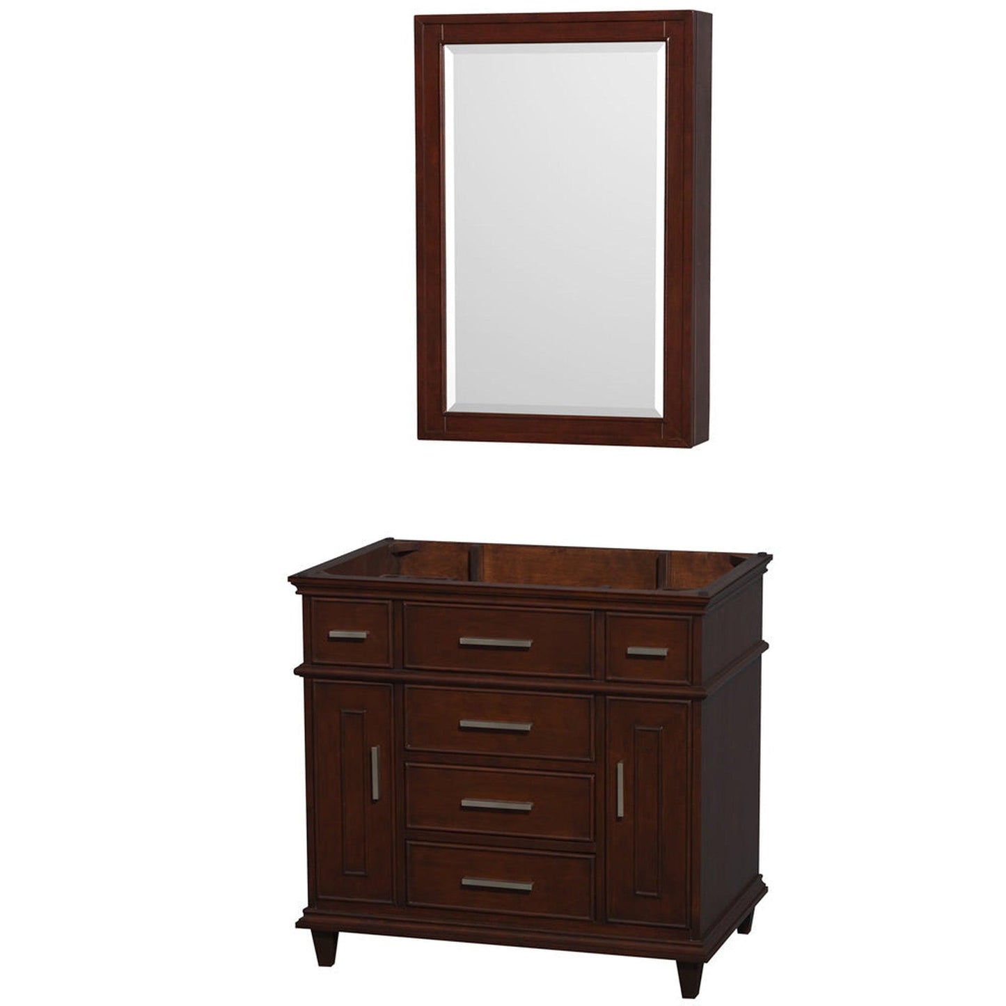 Wyndham Collection Berkeley 36" Single Bathroom Vanity in Dark Chestnut, No Countertop, No Sink, 24" Medicine Cabinet