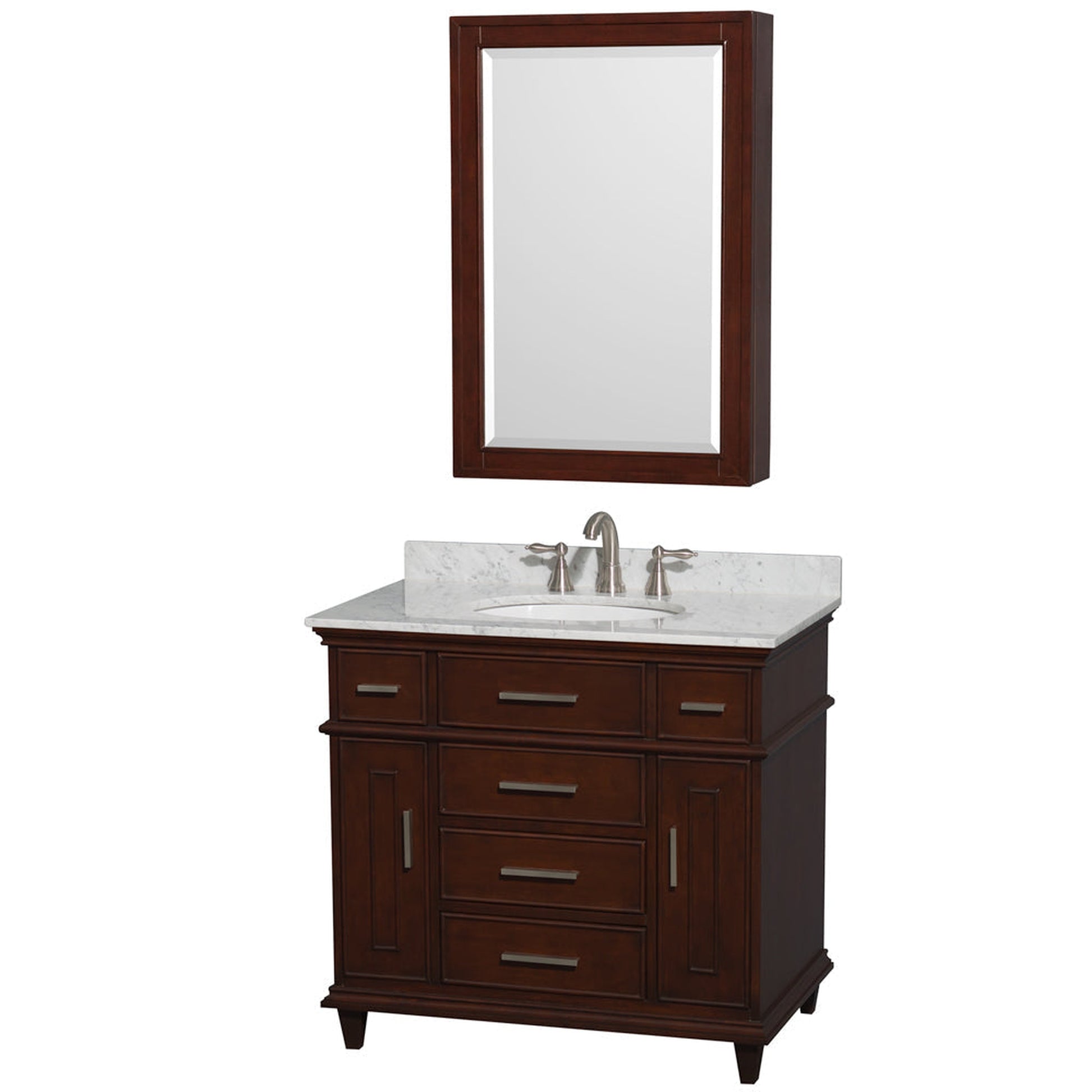 Wyndham Collection Berkeley 36" Single Bathroom Vanity in Dark Chestnut, White Carrara Marble Countertop, Undermount Round Sink, 24" Medicine Cabinet