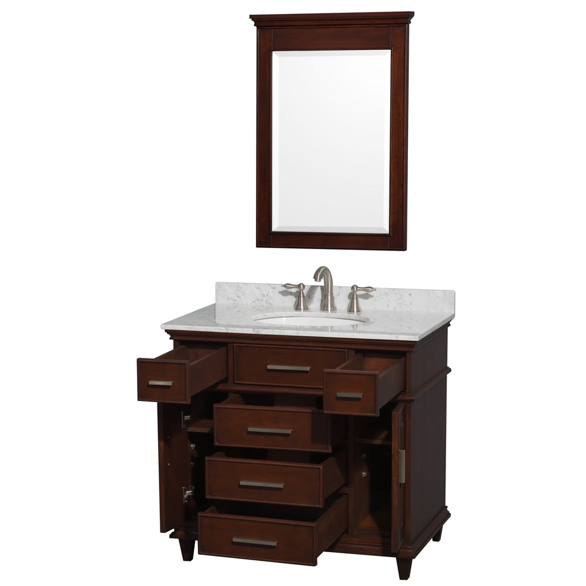 Wyndham Collection Berkeley 36" Single Bathroom Vanity in Dark Chestnut, White Carrara Marble Top, White Undermount Oval Sink and 24" Mirror