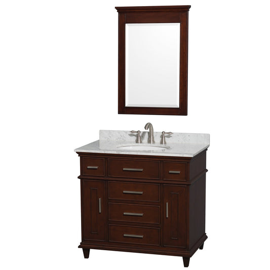Wyndham Collection Berkeley 36" Single Bathroom Vanity in Dark Chestnut, White Carrara Marble Top, White Undermount Oval Sink and 24" Mirror