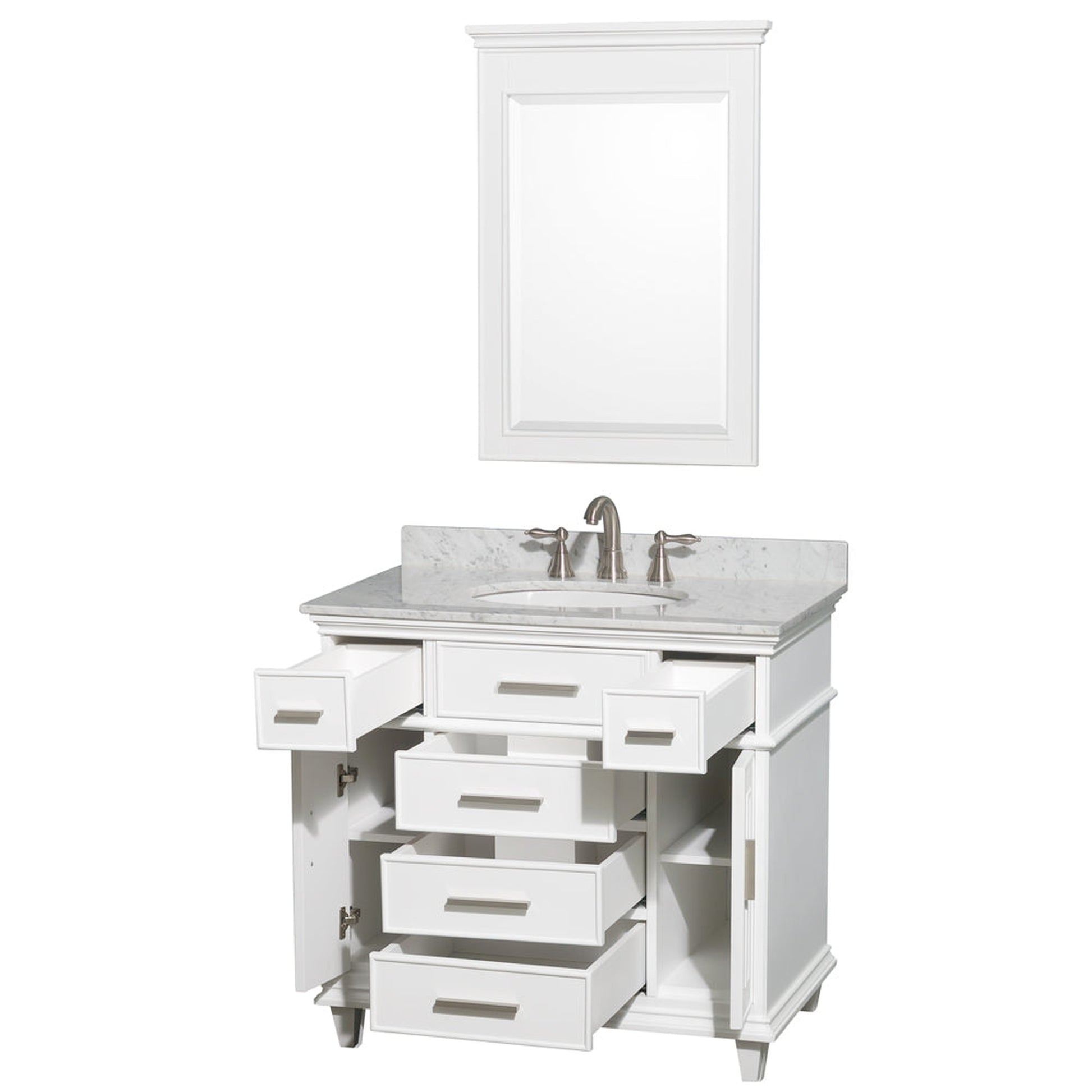 Wyndham Collection Berkeley 36" Single Bathroom Vanity in White, White Carrara Marble Top, White Undermount Oval Sink and 24" Mirror