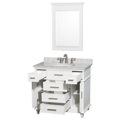 Wyndham Collection Berkeley 36" Single Bathroom Vanity in White, White Carrara Marble Top, White Undermount Oval Sink and 24" Mirror