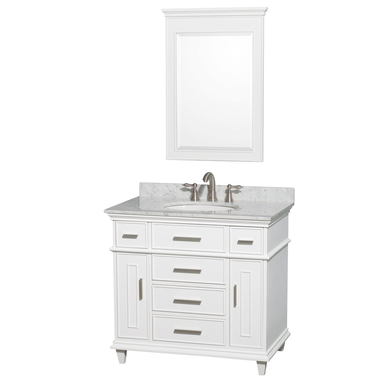 Wyndham Collection Berkeley 36" Single Bathroom Vanity in White, White Carrara Marble Top, White Undermount Oval Sink and 24" Mirror