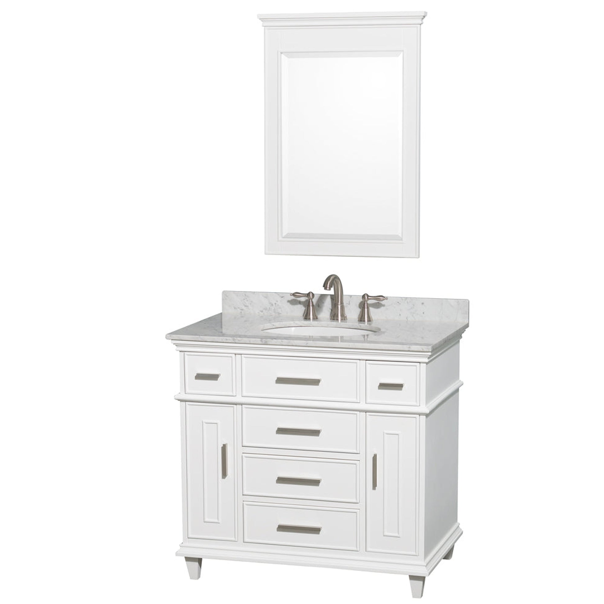 Wyndham Collection Berkeley 36" Single Bathroom Vanity in White, White Carrara Marble Top, White Undermount Oval Sink and 24" Mirror