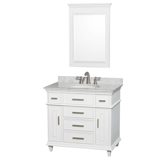 Wyndham Collection Berkeley 36" Single Bathroom Vanity in White, White Carrara Marble Top, White Undermount Oval Sink and 24" Mirror