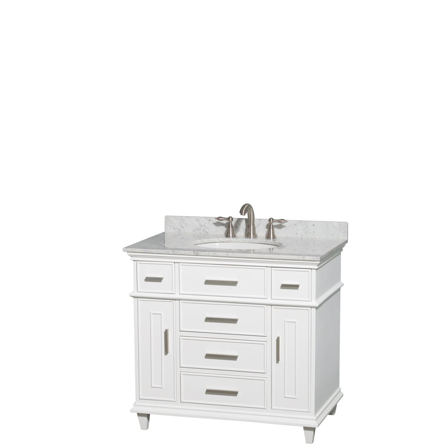 Wyndham Collection Berkeley 36" Single Bathroom Vanity in White, White Carrara Marble Top, White Undermount Oval Sink and No Mirror