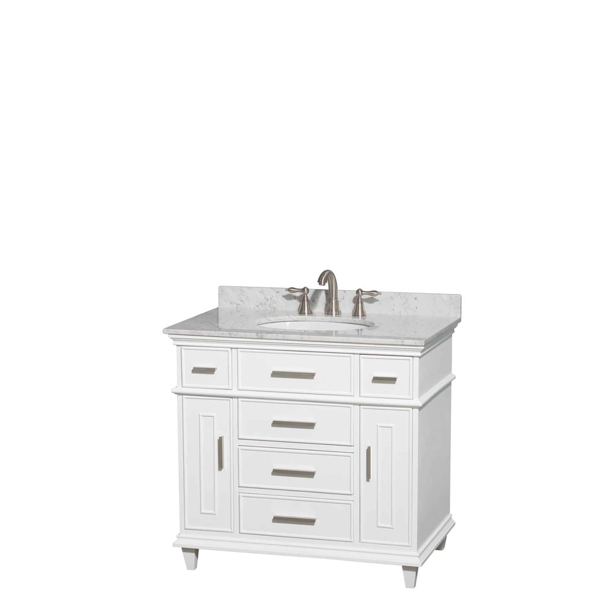 Wyndham Collection Berkeley 36" Single Bathroom Vanity in White, White Carrara Marble Top, White Undermount Oval Sink and No Mirror