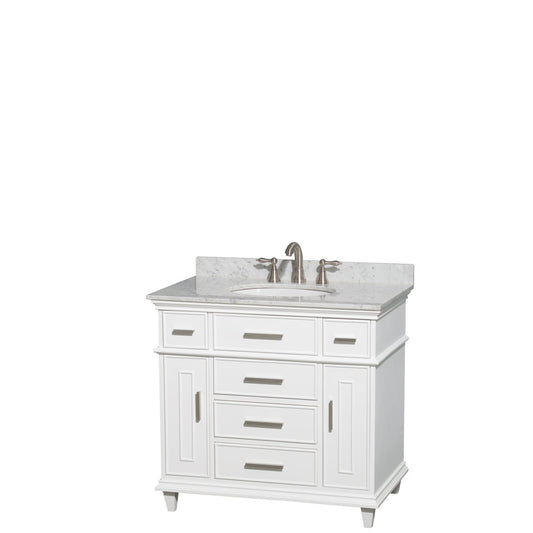 Wyndham Collection Berkeley 36" Single Bathroom Vanity in White, White Carrara Marble Top, White Undermount Oval Sink and No Mirror