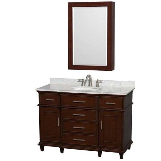 Wyndham Collection Berkeley 48" Single Bathroom Vanity in Dark Chestnut, White Carrara Marble Countertop, Undermount Round Sink, 24" Medicine Cabinet