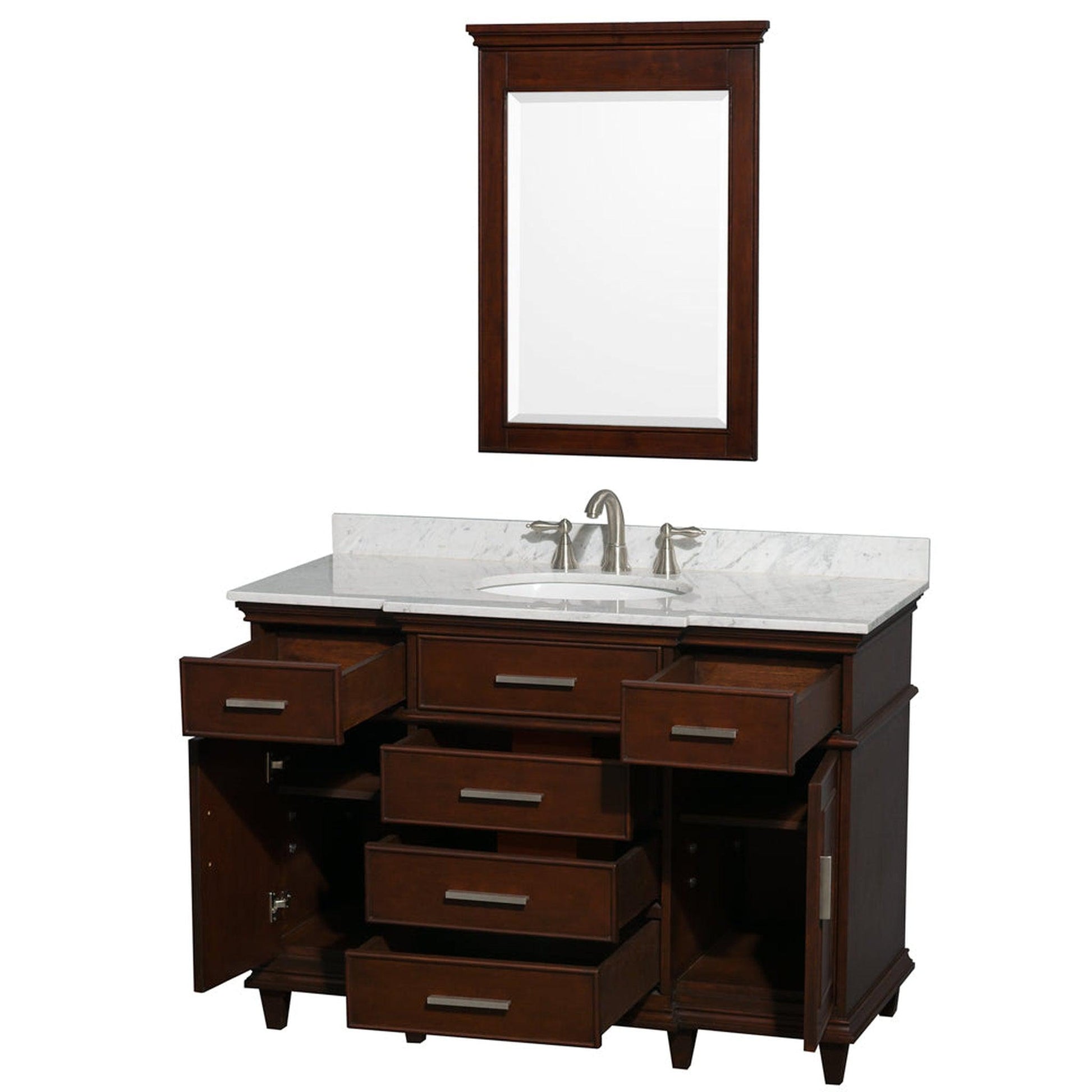 Wyndham Collection Berkeley 48" Single Bathroom Vanity in Dark Chestnut, White Carrara Marble Top, White Undermount Oval Sink and 24" Mirror