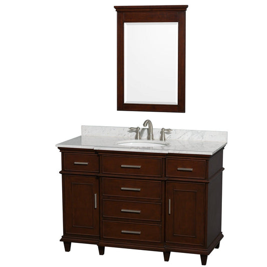 Wyndham Collection Berkeley 48" Single Bathroom Vanity in Dark Chestnut, White Carrara Marble Top, White Undermount Oval Sink and 24" Mirror